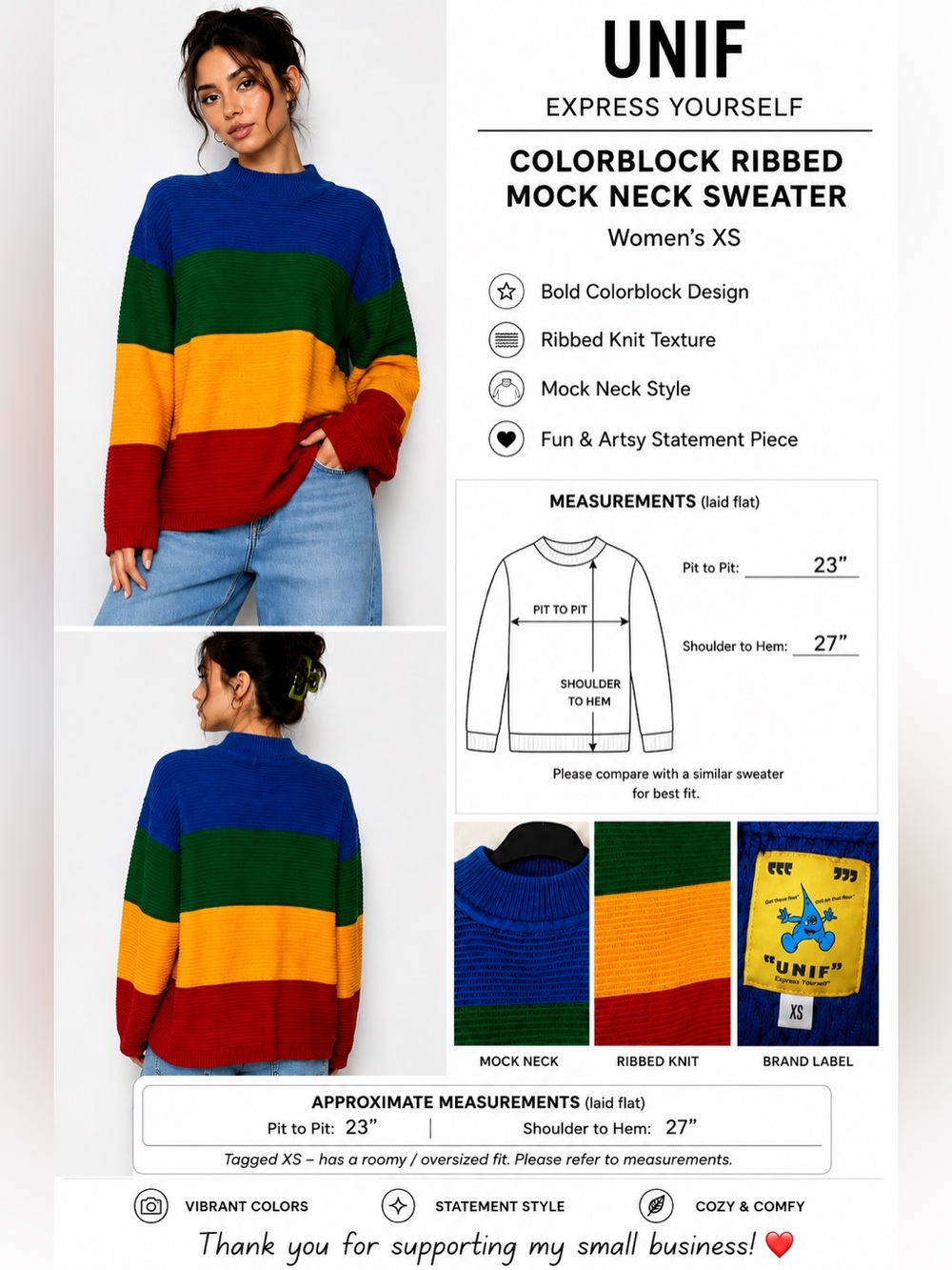 UNIF Express Yourself Colorblock Ribbed Mock Neck Sweater Women’s XS Multicolor